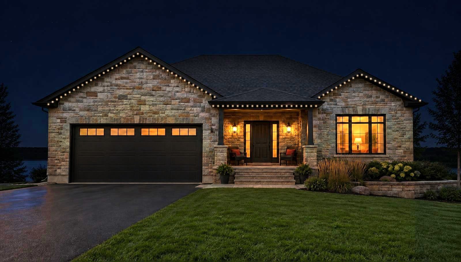 Stone bungalow with permanent Gemstone Lights along its eaves